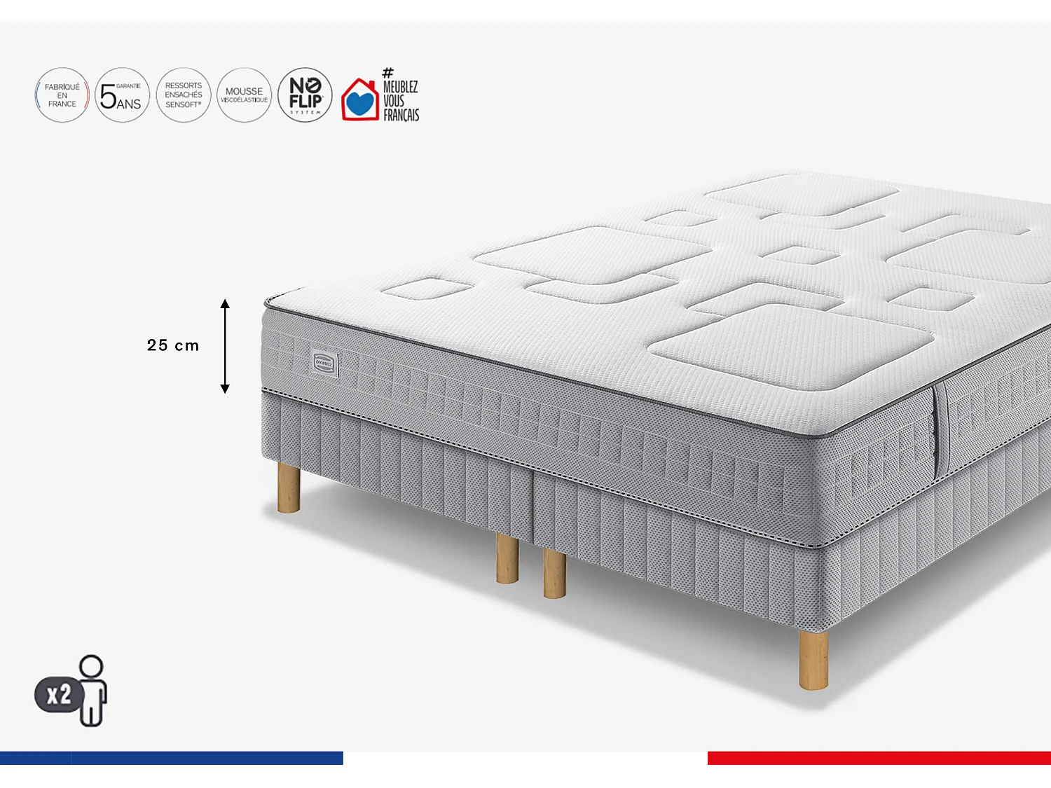 Ens EQUILIBRE 180x200 matelas H25 ressort ensachés, ferme, 2 sommiers