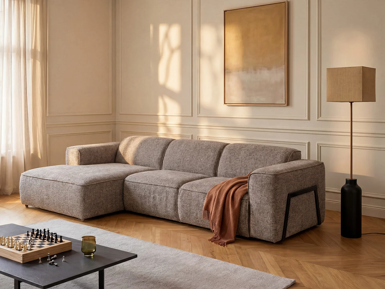 Canapé d'angle gauche en tissu chiné taupe TEJAMI