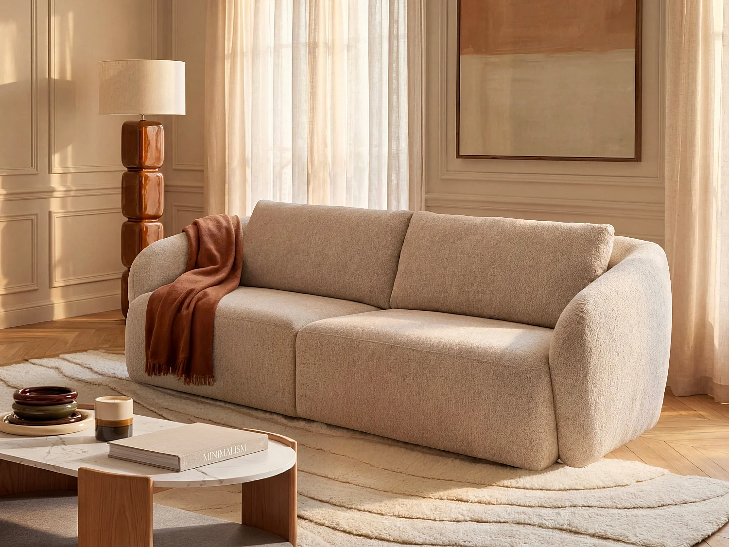 Canapé 3 places en tissu chenille beige LIRUNO