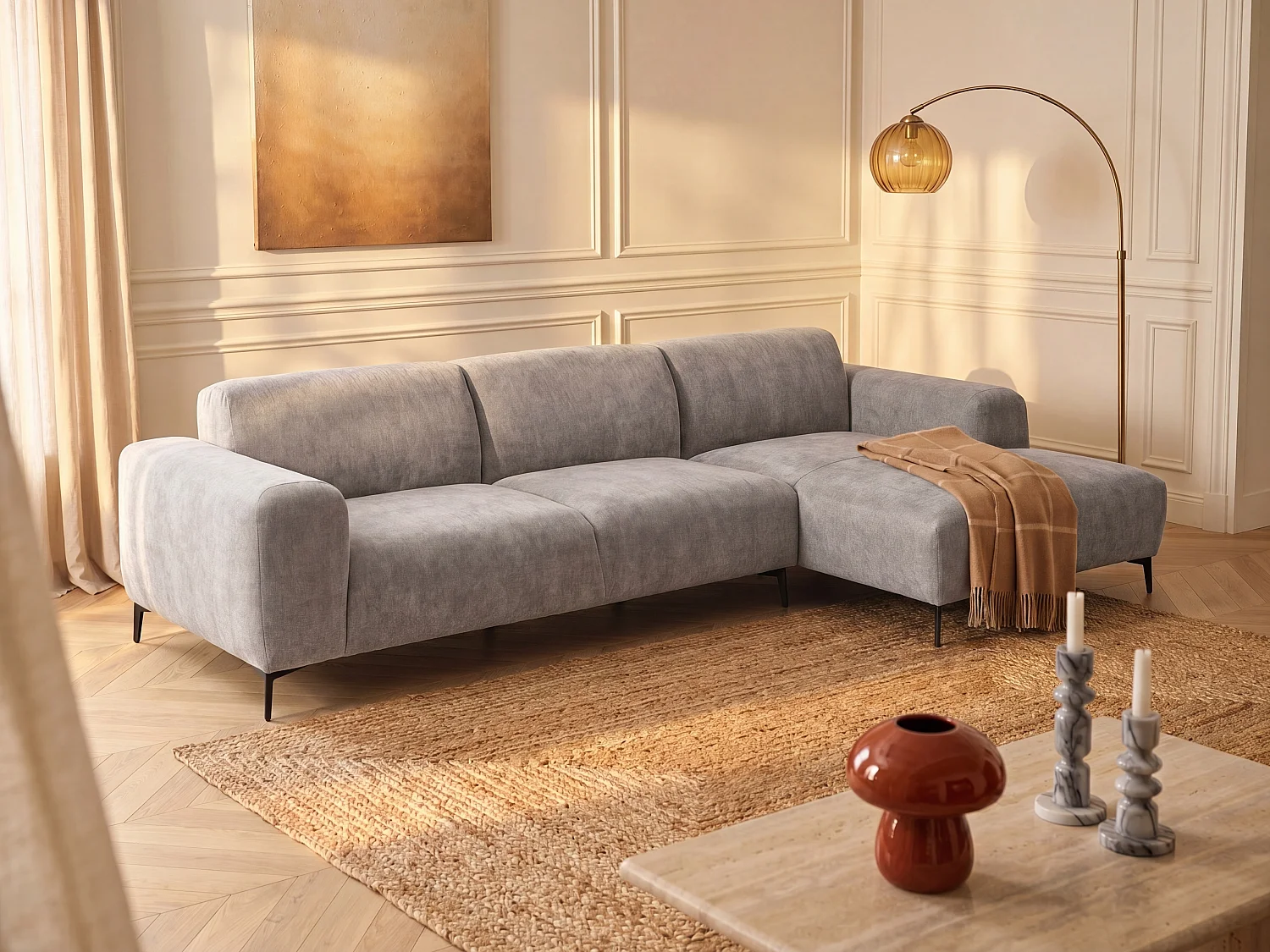 Canapé d'angle droit en tissu texturé taupe SAPIGO