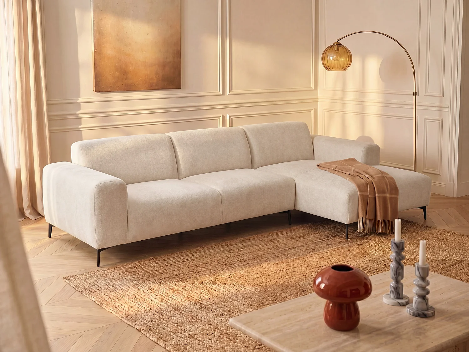 Canapé d'angle droit en tissu texturé beige SAPIGO