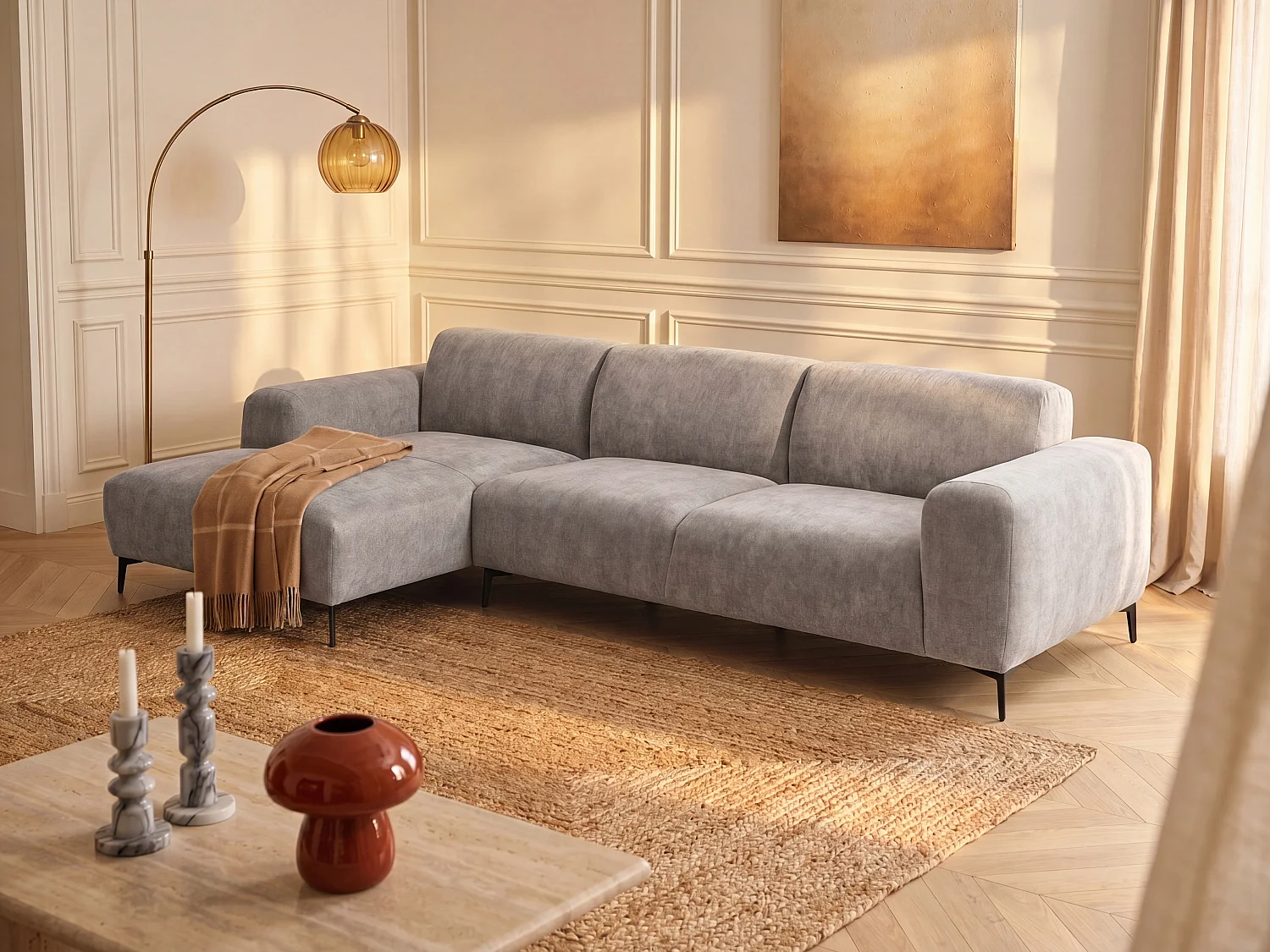 Canapé d'angle gauche en tissu texturé taupe SAPIGO