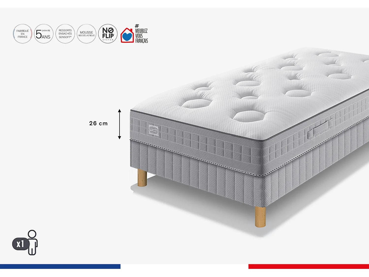 Matelas FLEXION 90x190, ressort ensachés, mi-ferme, H26