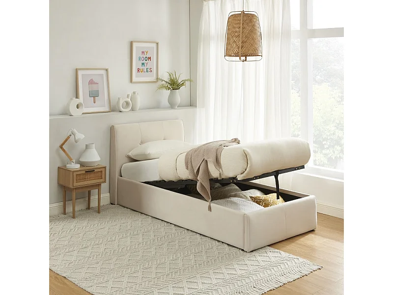 Lit coffre SEGURO velours beige crème 90x190 sommier inclus