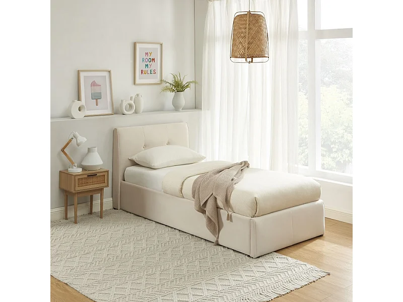 Lit coffre SEGURO velours beige crème 90x190 sommier inclus