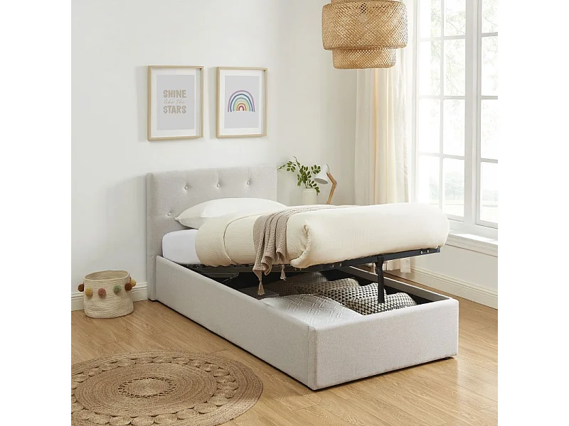 Lit coffre BAHIA tissu beige lin 90x190 sommier inclus