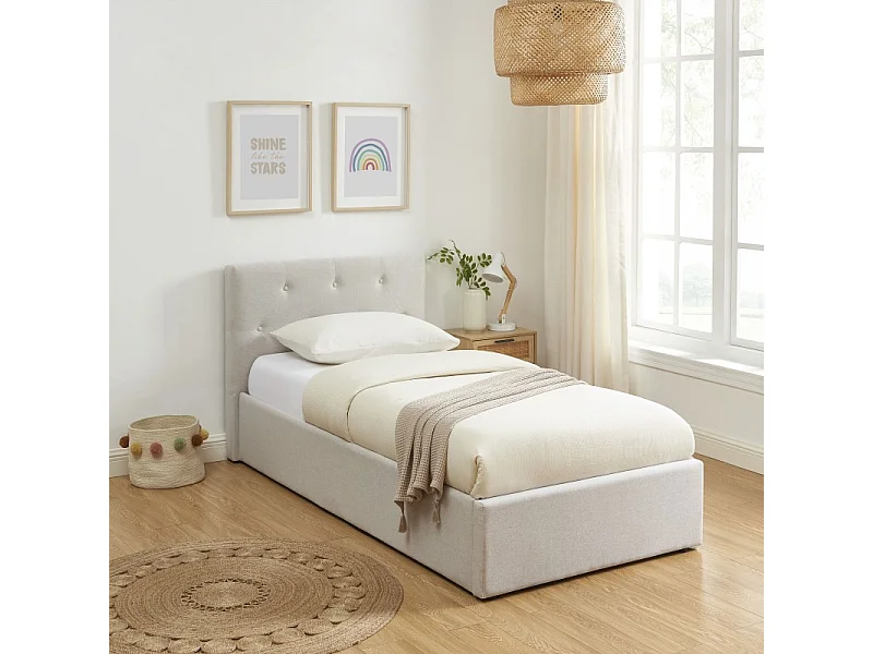 Lit coffre BAHIA tissu beige lin 90x190 sommier inclus