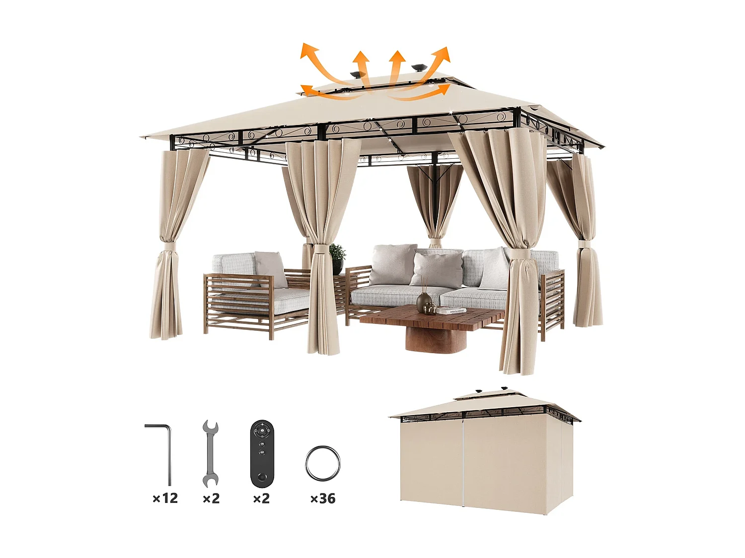 Pavillon imperméable, pavillon de jardin pop-up, parasol avec éclairage LED