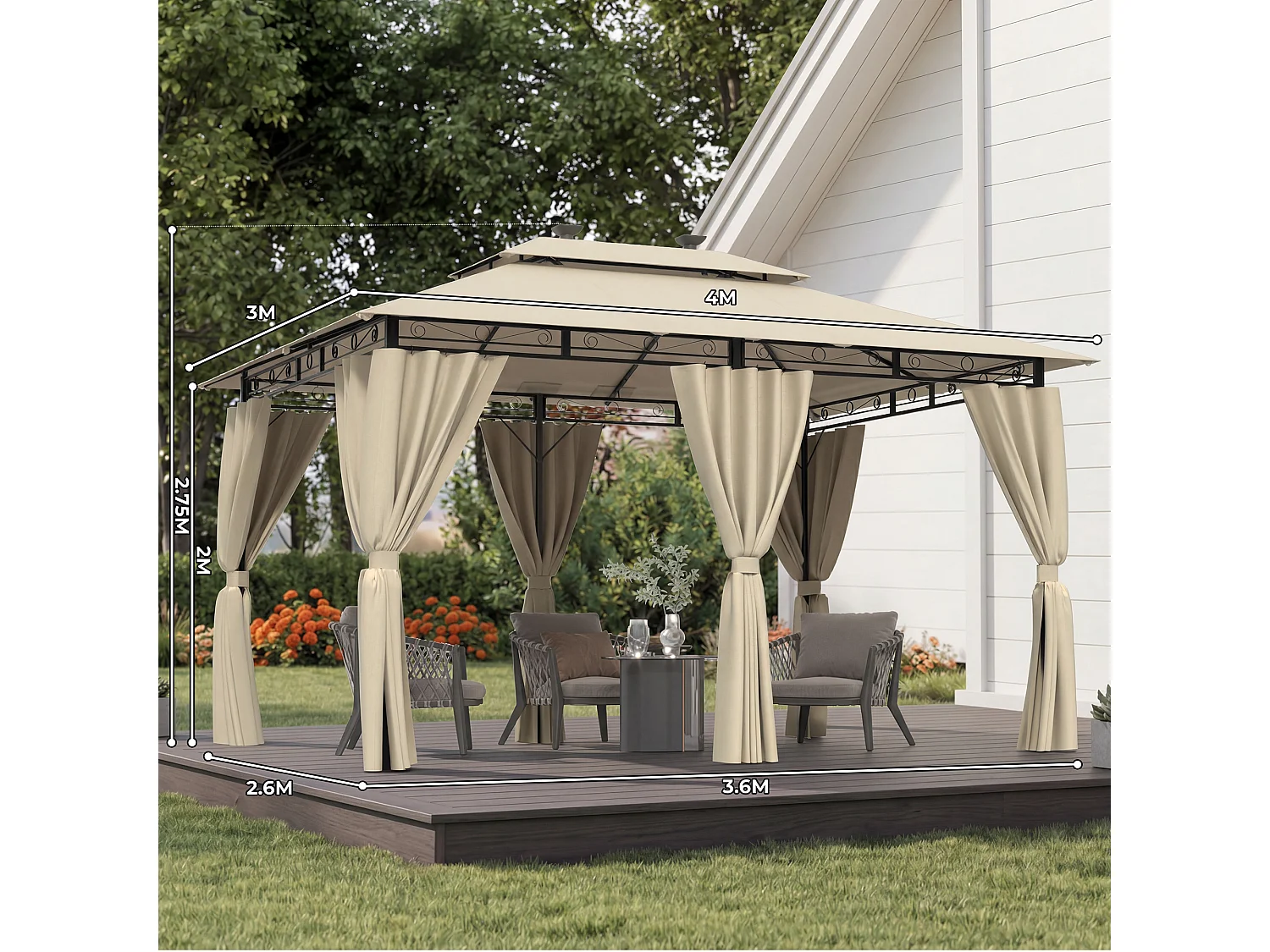 DEVOKE Tonnelle de jardin beige 3×4 m avec éclairage LED, tonnelle imperméable de luxe, tonnelle de jardin extérieure, structure en métal, pour 6 à 8 personnes.