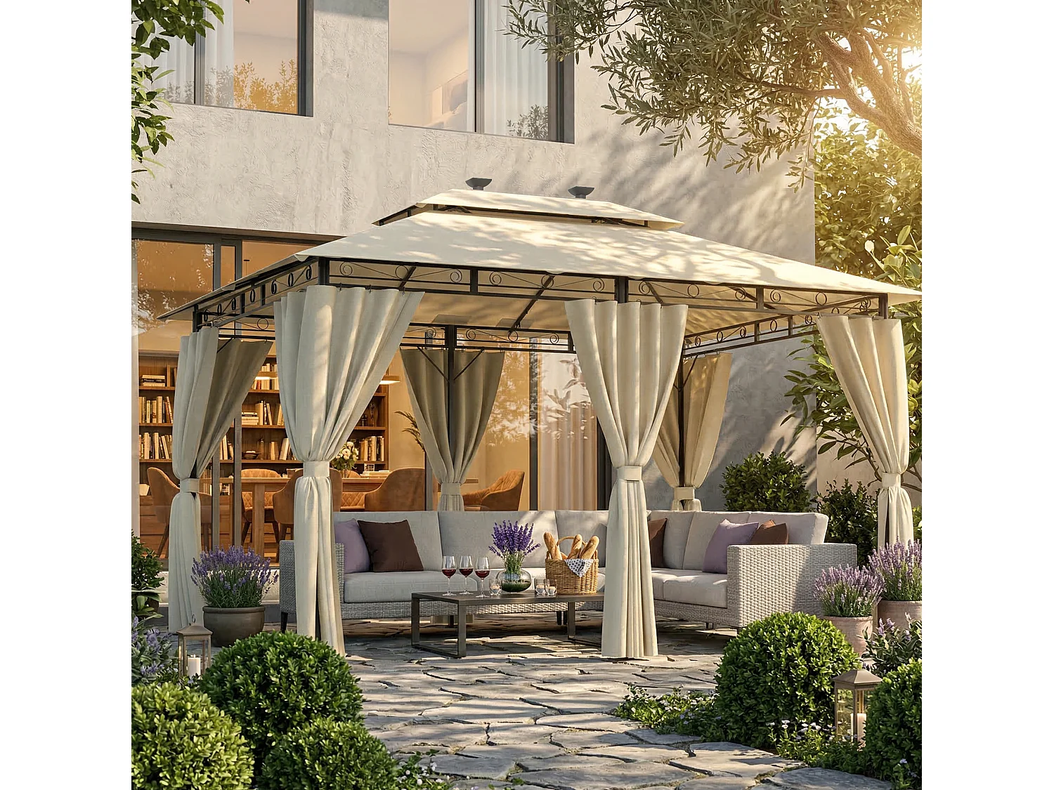 DEVOKE Tonnelle de jardin beige 3×4 m avec éclairage LED, tonnelle imperméable de luxe, tonnelle de jardin extérieure, structure en métal, pour 6 à 8 personnes.