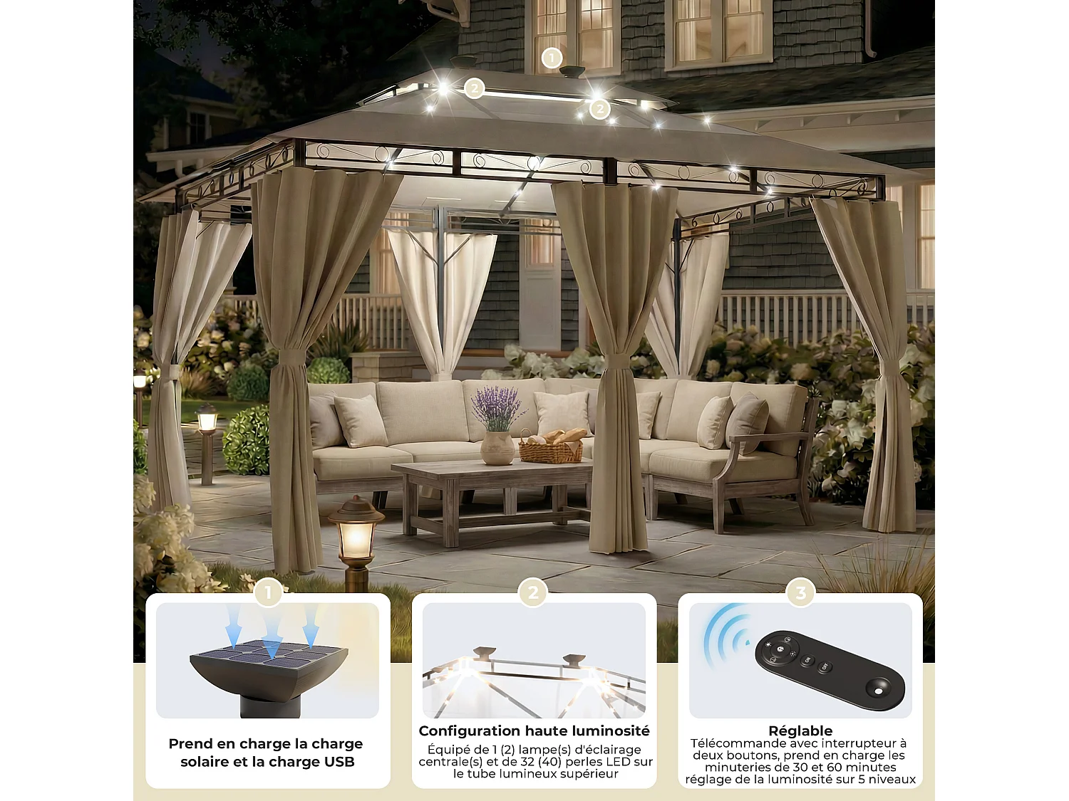 DEVOKE Tonnelle de jardin beige 3×4 m avec éclairage LED, tonnelle imperméable de luxe, tonnelle de jardin extérieure, structure en métal, pour 6 à 8 personnes.