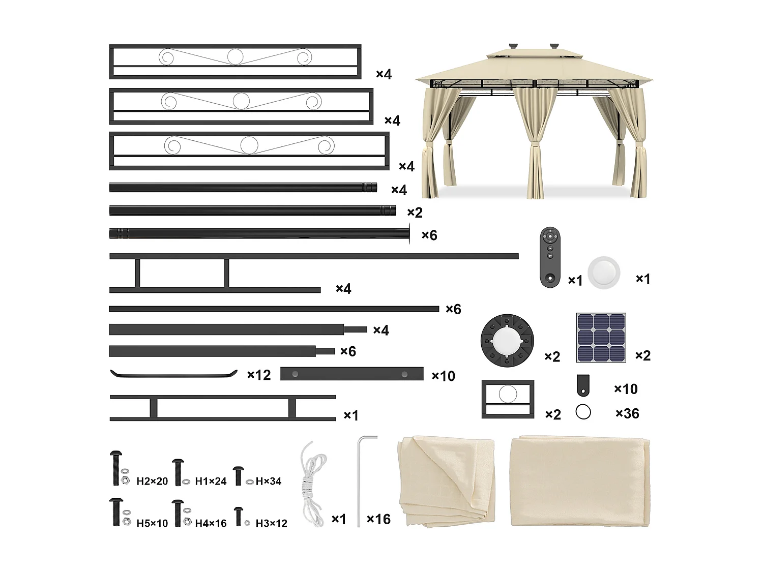 DEVOKE Tonnelle de jardin beige 3×4 m avec éclairage LED, tonnelle imperméable de luxe, tonnelle de jardin extérieure, structure en métal, pour 6 à 8 personnes.