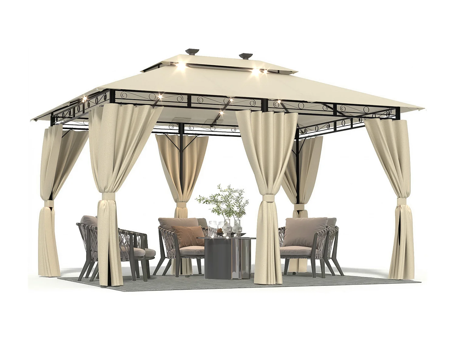 DEVOKE Tonnelle de jardin beige 3×4 m avec éclairage LED, tonnelle imperméable de luxe, tonnelle de jardin extérieure, structure en métal, pour 6 à 8 personnes.