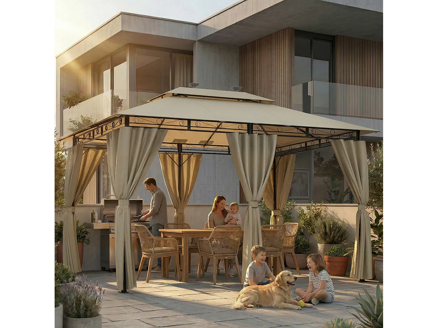 DEVOKE Tonnelle de jardin beige 3×4 m avec éclairage LED, tonnelle imperméable de luxe, tonnelle de jardin extérieure, structure en métal, pour 6 à 8 personnes.