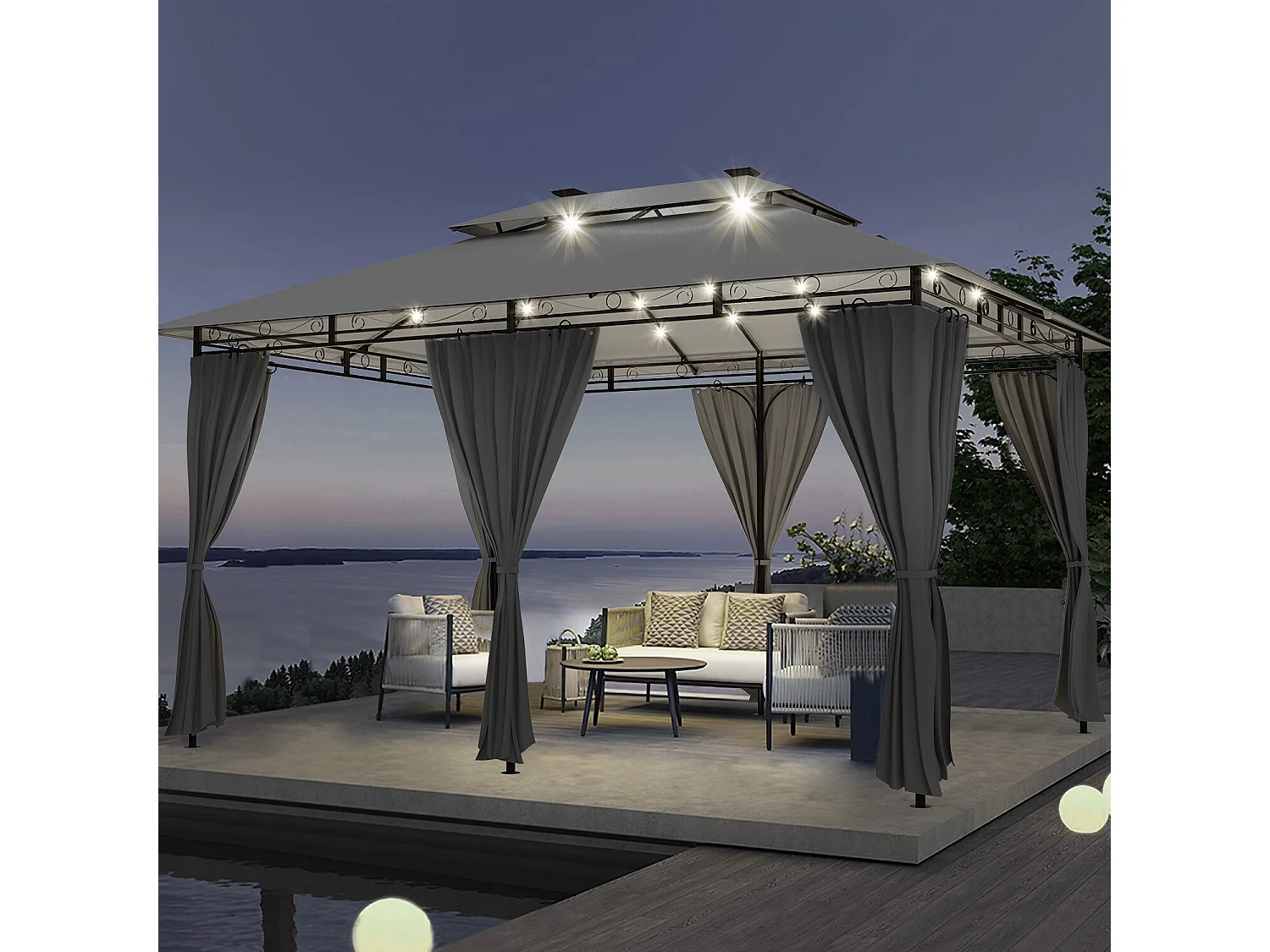 Pavillon imperméable, pavillon de jardin pop-up, parasol avec éclairage LED