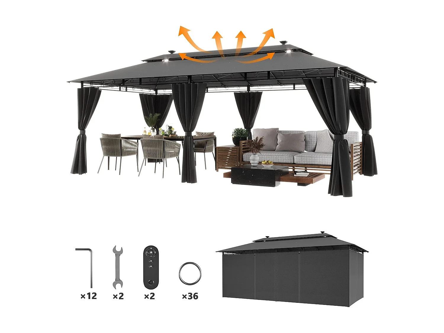 Pavillon imperméable, pavillon de jardin pop-up, parasol avec éclairage LED