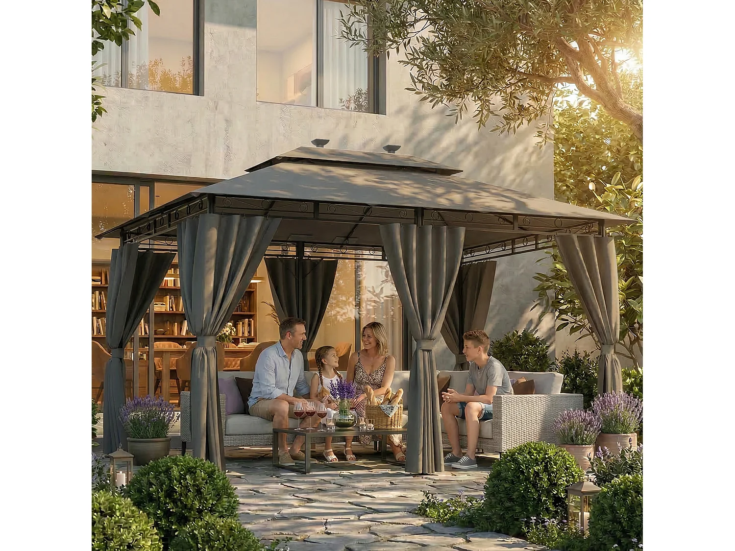 Gunji Pavillon 3x/4m LED – Pavillon de jardin design, tente de fête, tente de jardin