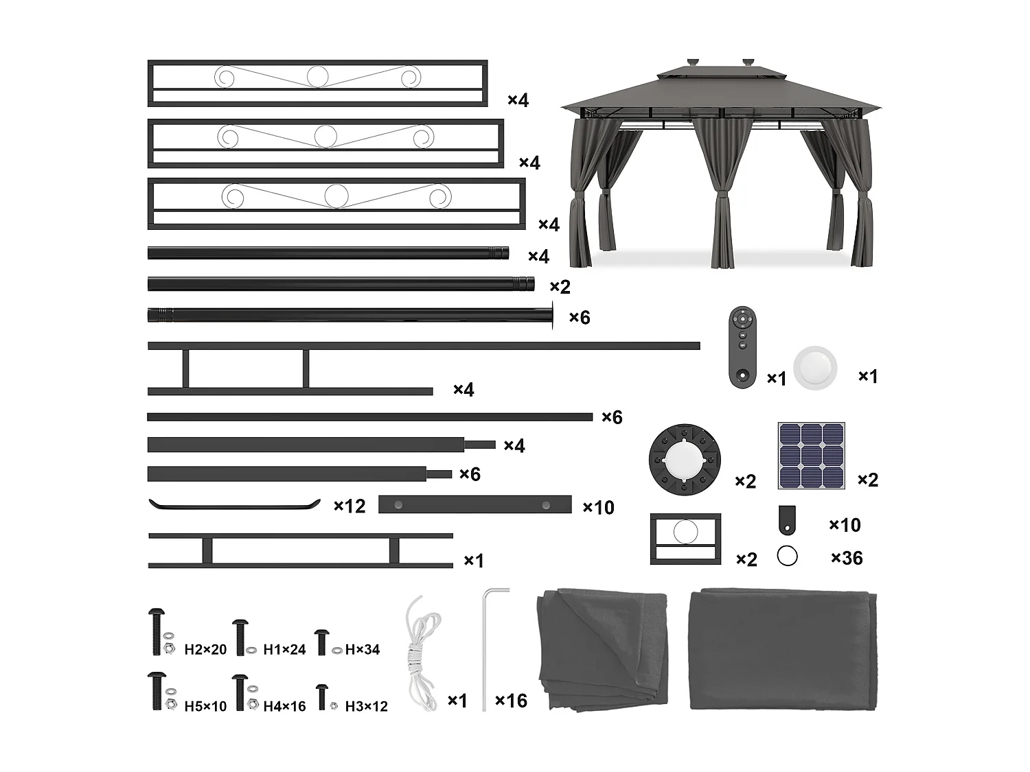 Gunji Pavillon 3x/4m LED – Pavillon de jardin design, tente de fête, tente de jardin