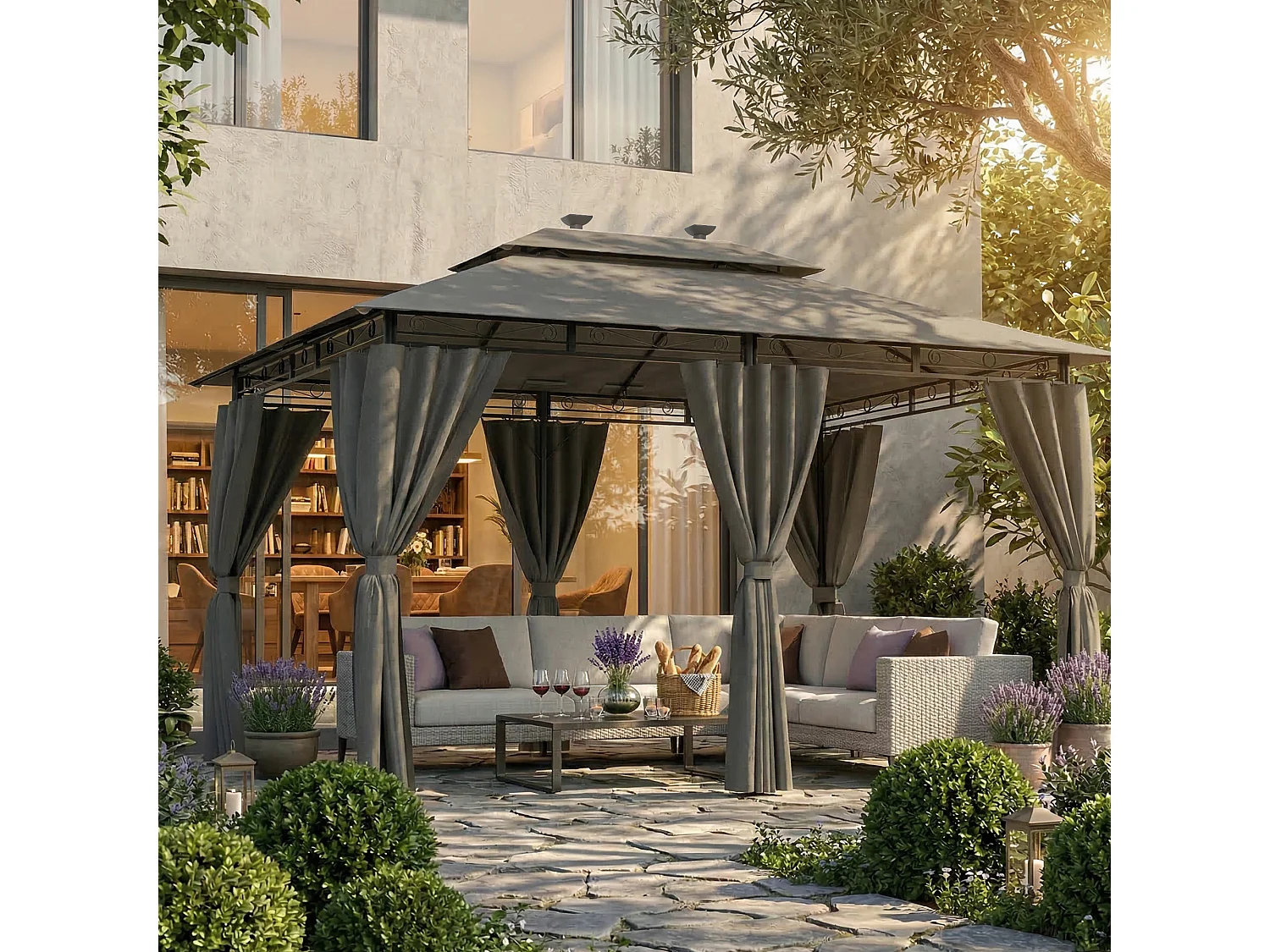 Gunji Pavillon 3x/4m LED – Pavillon de jardin design, tente de fête, tente de jardin