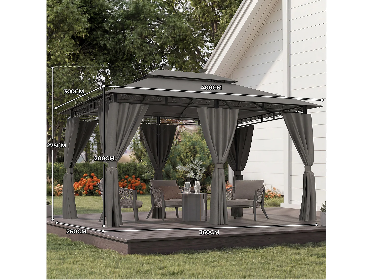 Gunji Pavillon 3x/4m LED – Pavillon de jardin design, tente de fête, tente de jardin