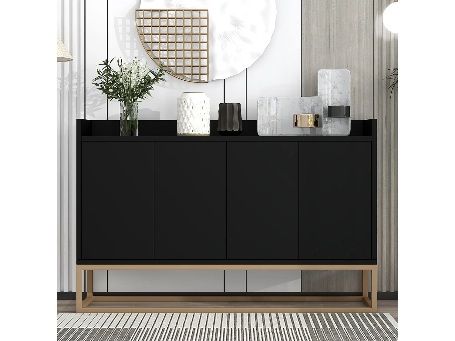 120 × 30 × 80 cm, Cabinet de rangement multifonctionnel - 4 portes Sideboard - sans poignée et base métallique - noir