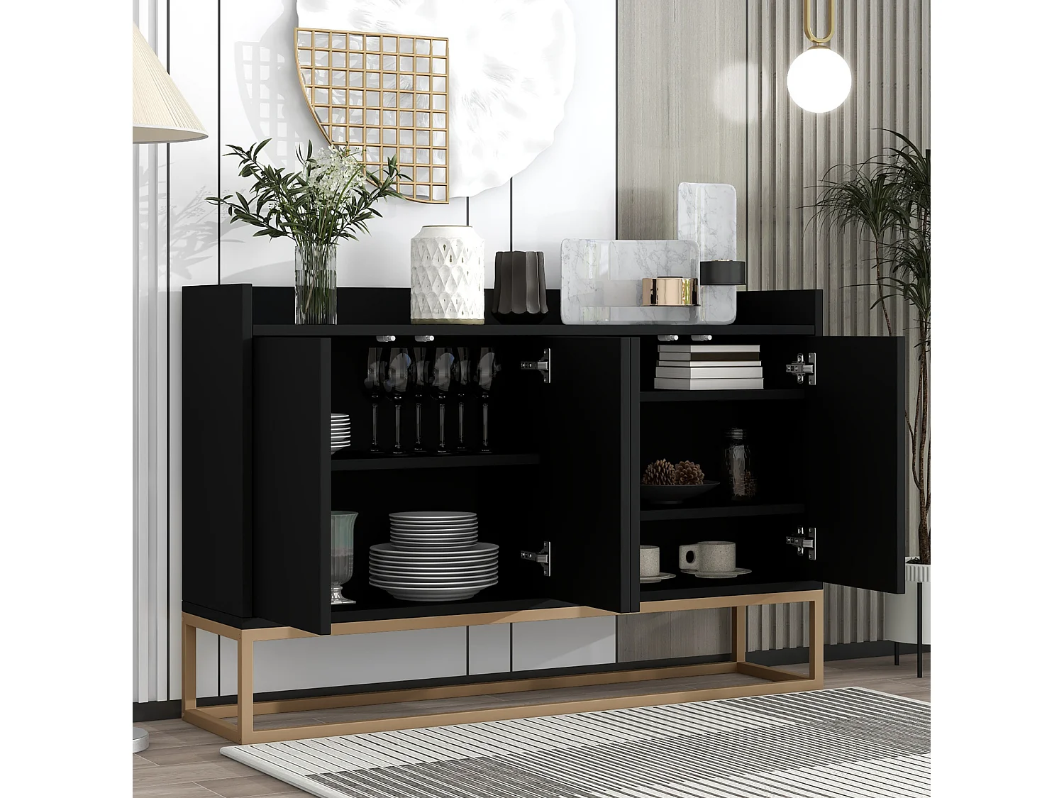 120 × 30 × 80 cm, Cabinet de rangement multifonctionnel - 4 portes Sideboard - sans poignée et base métallique - noir