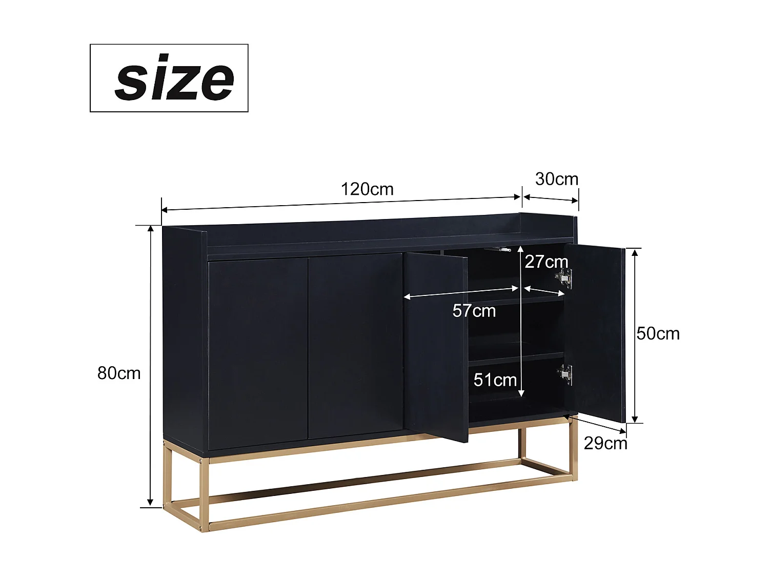 120 × 30 × 80 cm, Cabinet de rangement multifonctionnel - 4 portes Sideboard - sans poignée et base métallique - noir