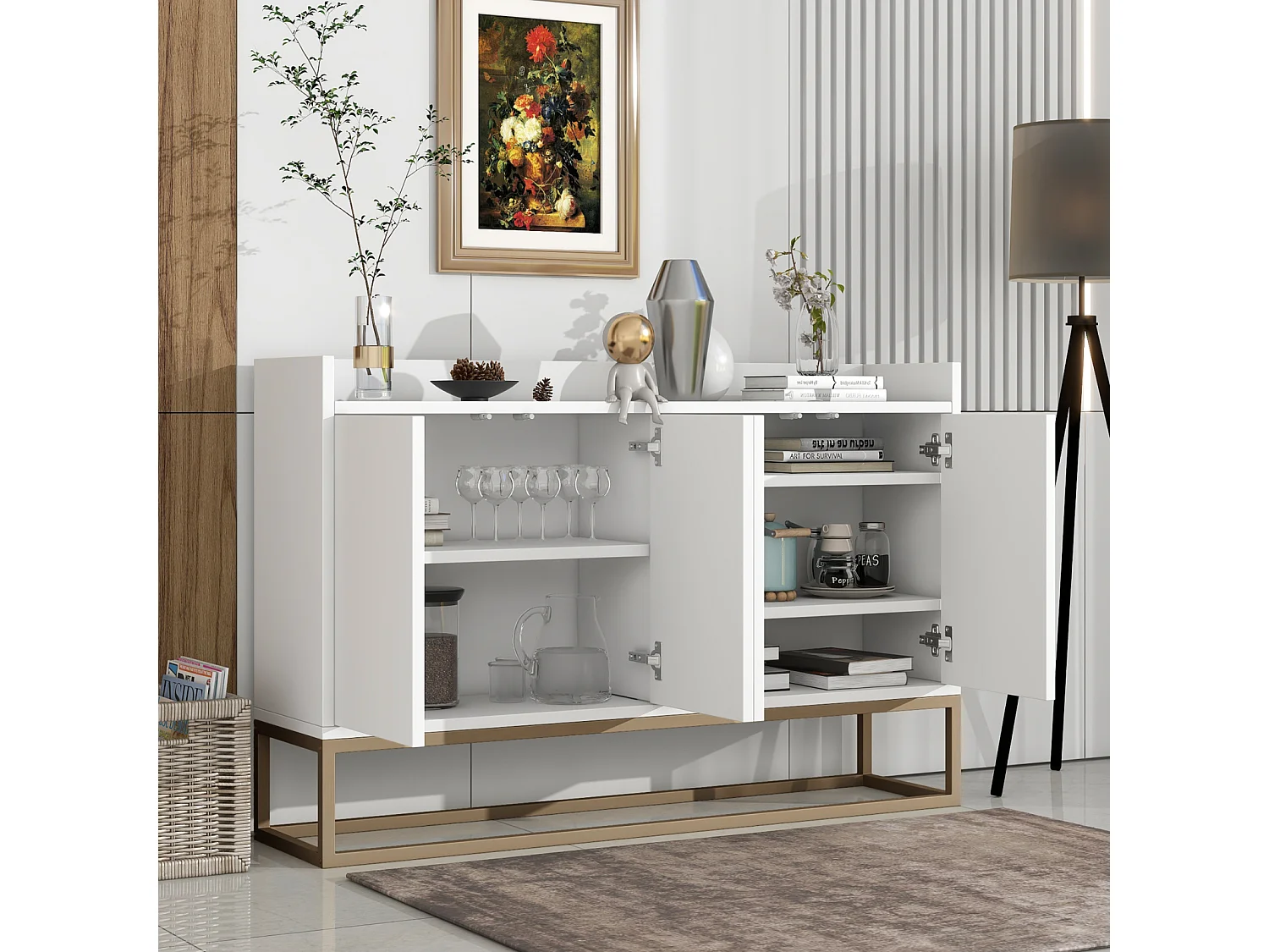 120 × 30 × 80 cm, Cabinet de rangement multifonctionnel - 4 portes Sideboard - sans poignée et base métallique - blanc