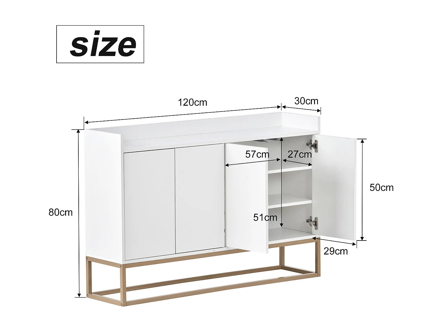 120 × 30 × 80 cm, Cabinet de rangement multifonctionnel - 4 portes Sideboard - sans poignée et base métallique - blanc