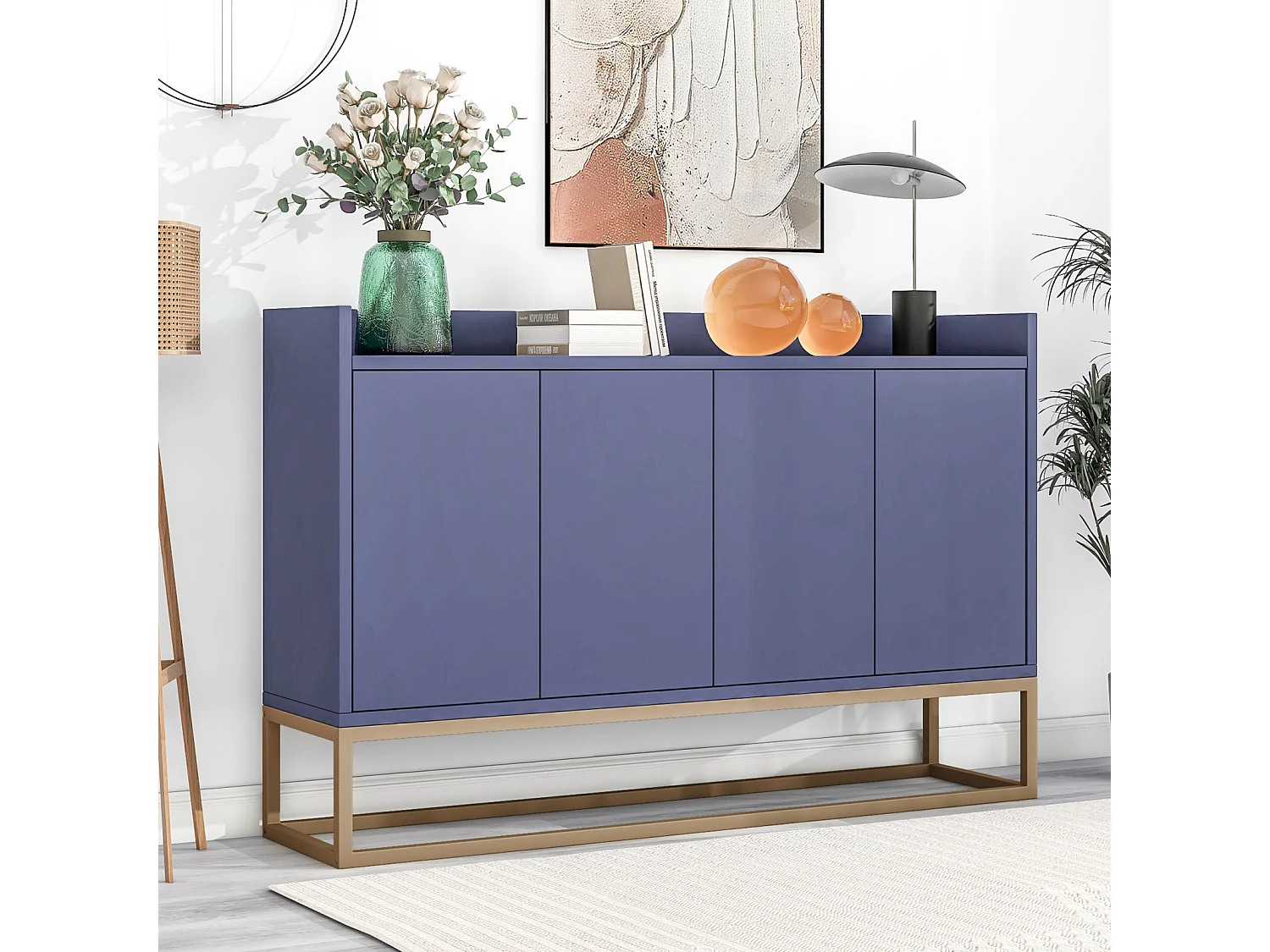 120 × 30 × 80 cm, Cabinet de rangement multifonctionnel - 4 portes Sideboard - sans poignée et base métallique - bleu