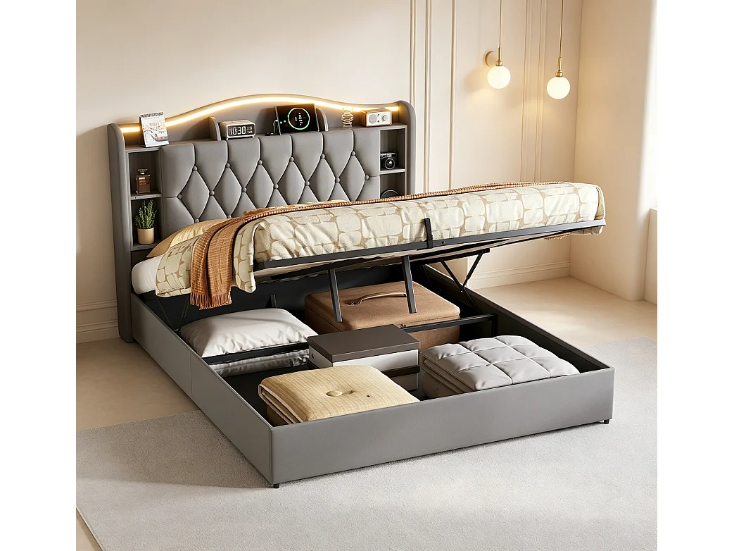Cama baú 140x200 cm em veludo cinza com cabeceira LED, carregamento USB/Type-C e arrumação integrada – design contemporâneo