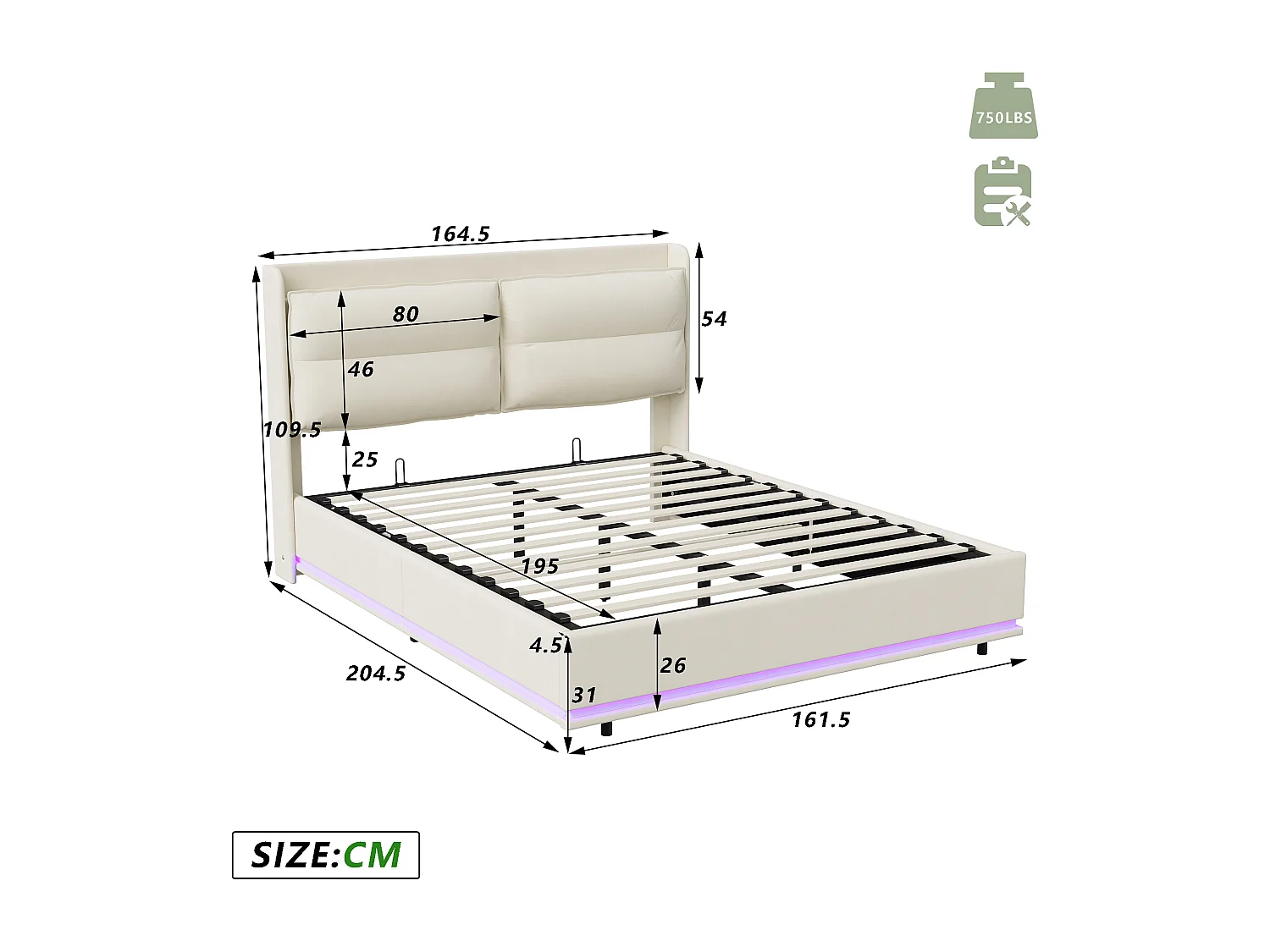 Lit coffre - 160 x 200 cm - pistons hydrauliques - éclairage LED RGB - tête de lit avec prise USB et charge sans fil - velours - blanc cassé