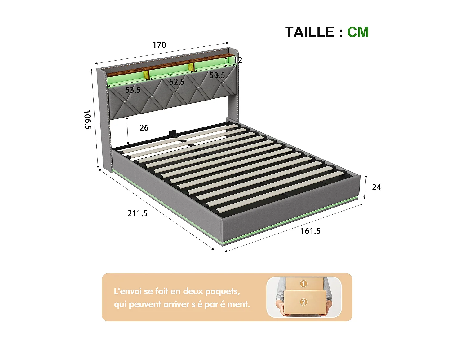 160 x 200 cm , Lit avec tête de lit rangement - avec LED et fonction de charge - Tête de lit rangeable - Tissu gris