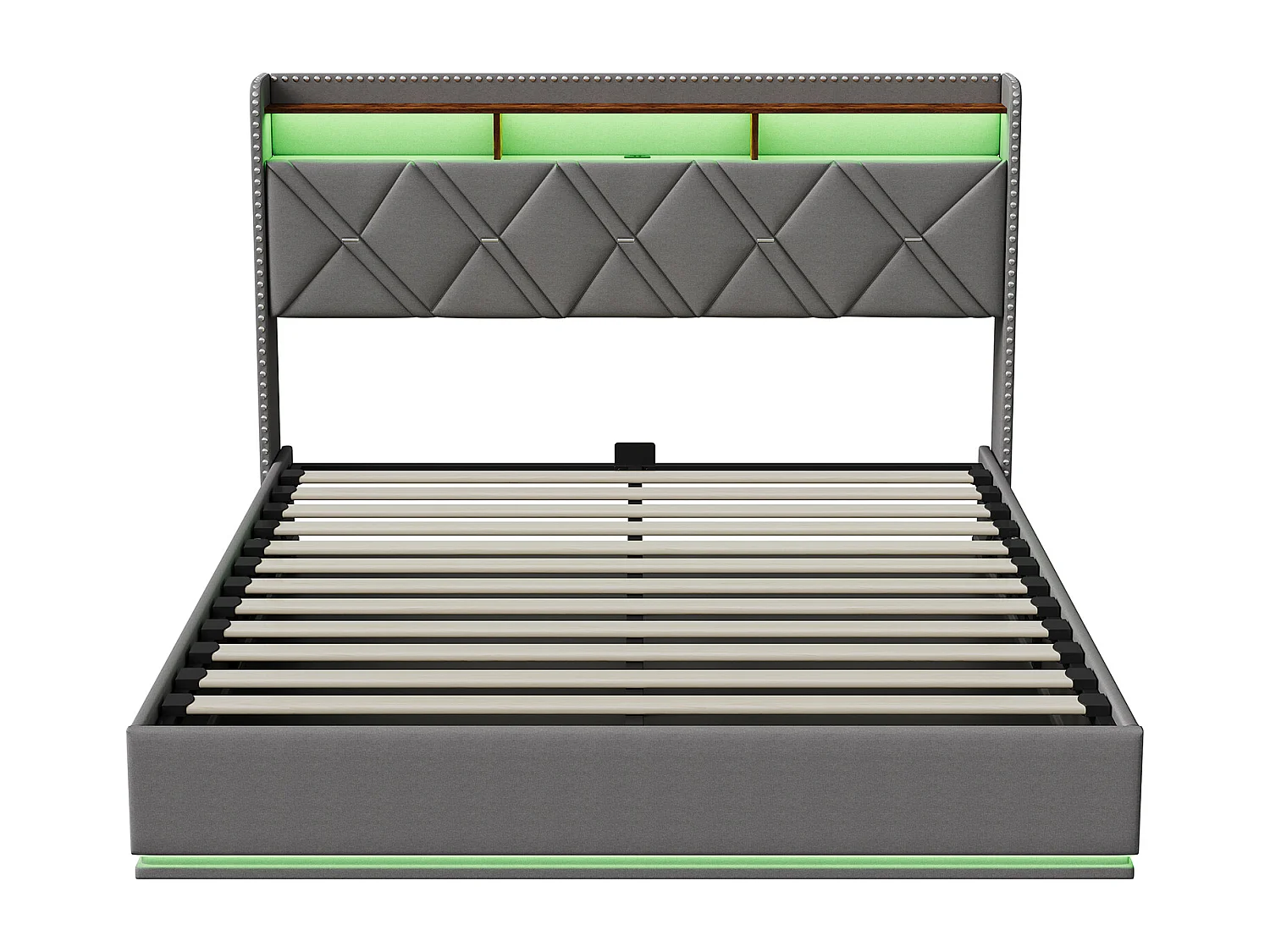 160 x 200 cm , Lit avec tête de lit rangement - avec LED et fonction de charge - Tête de lit rangeable - Tissu gris