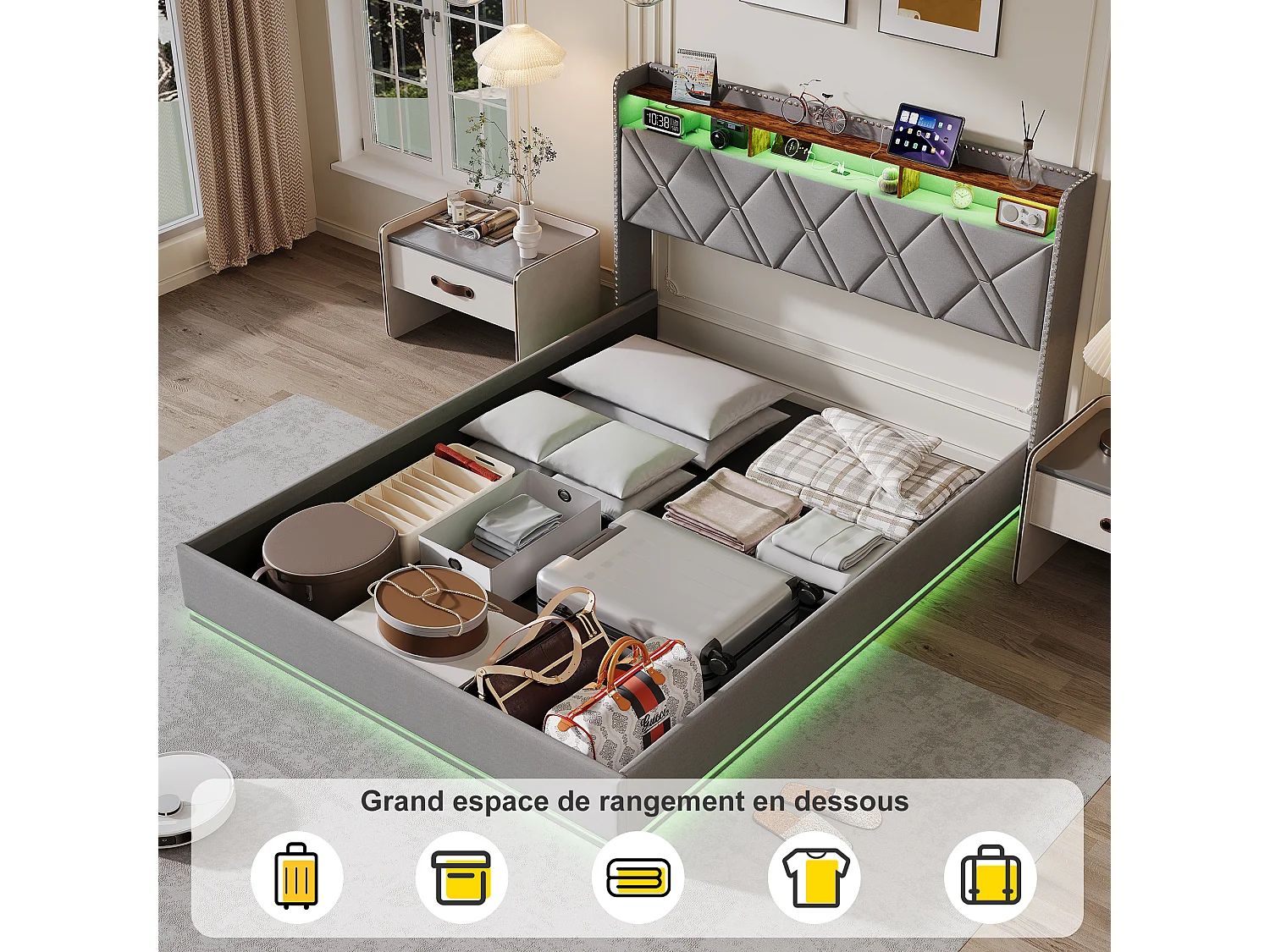 160 x 200 cm , Lit avec tête de lit rangement - avec LED et fonction de charge - Tête de lit rangeable - Tissu gris
