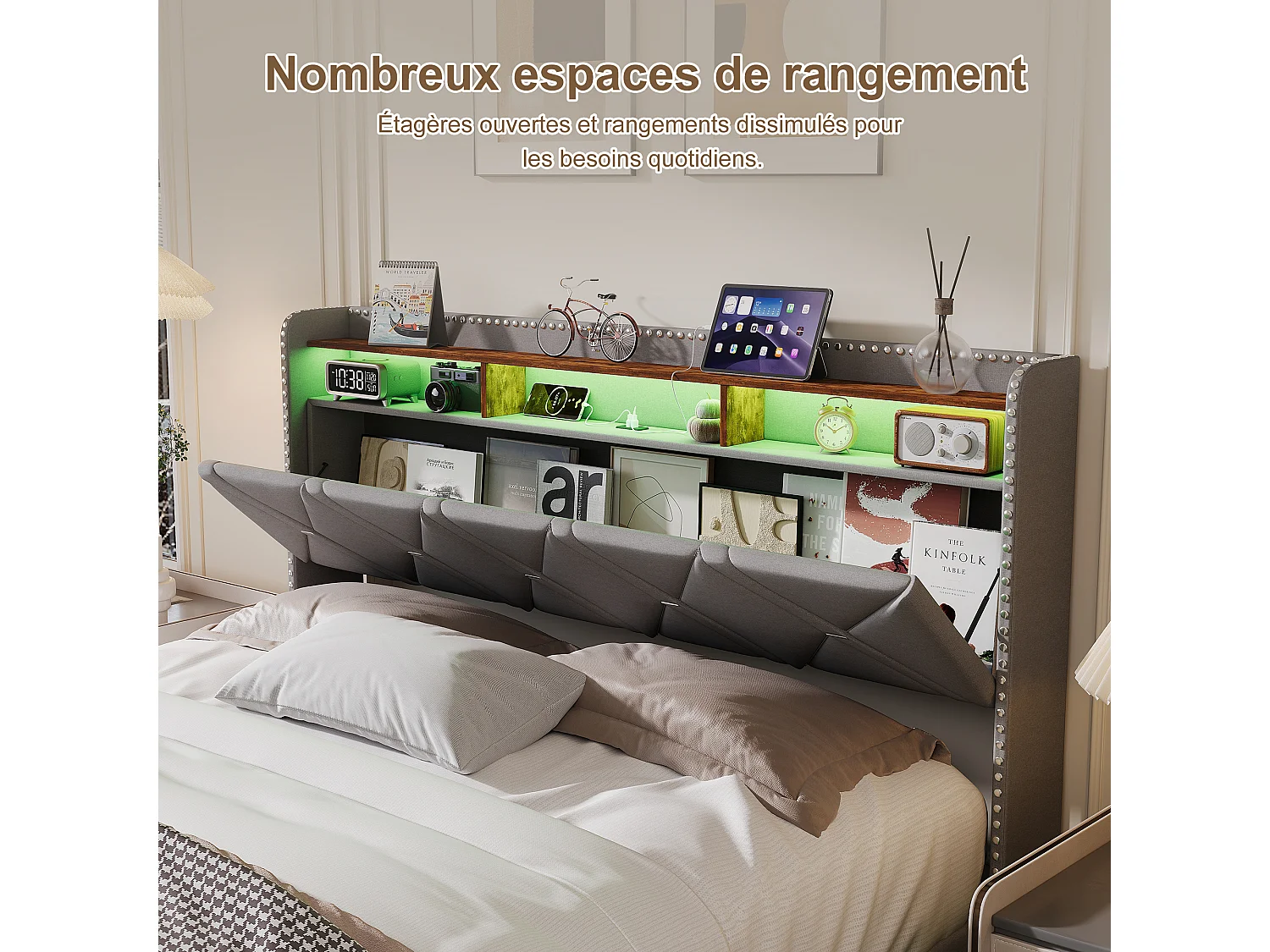 160 x 200 cm , Lit avec tête de lit rangement - avec LED et fonction de charge - Tête de lit rangeable - Tissu gris