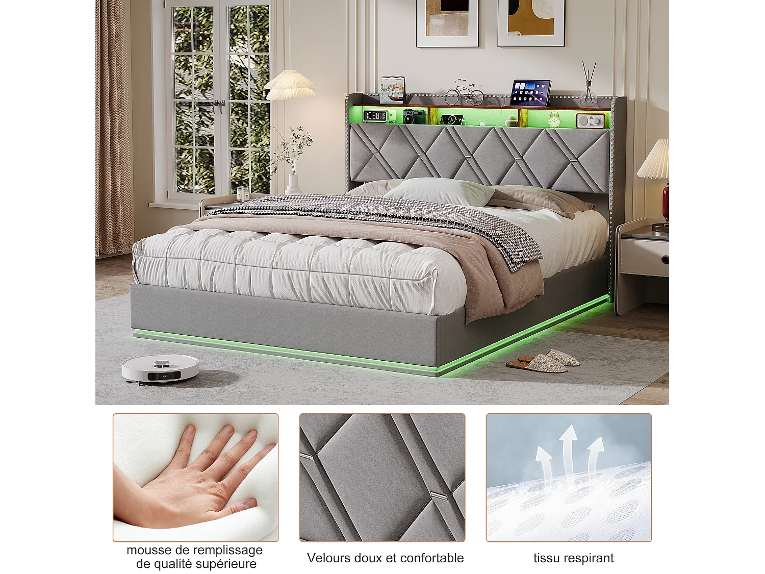 160 x 200 cm , Lit avec tête de lit rangement - avec LED et fonction de charge - Tête de lit rangeable - Tissu gris