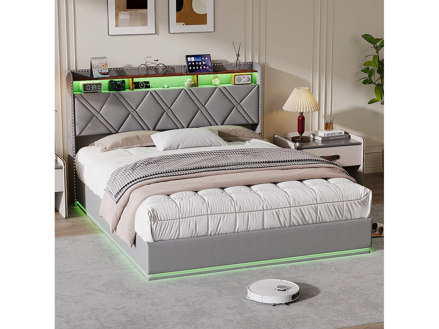 140 x 200 cm , Lit avec tête de lit rangement - avec LED et fonction de charge - Tête de lit rangeable - Tissu gris