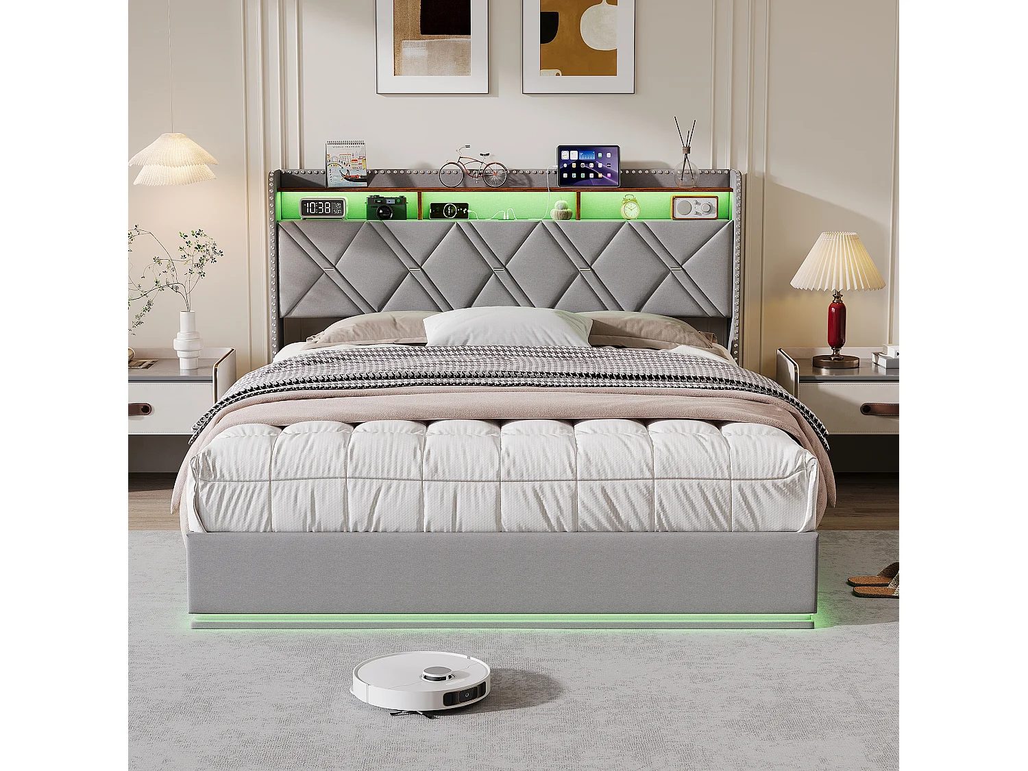 140 x 200 cm , Lit avec tête de lit rangement - avec LED et fonction de charge - Tête de lit rangeable - Tissu gris