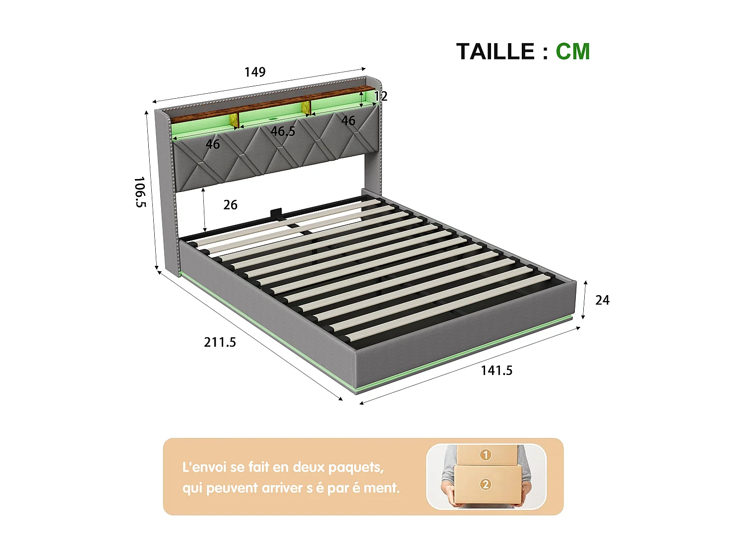 140 x 200 cm , Lit avec tête de lit rangement - avec LED et fonction de charge - Tête de lit rangeable - Tissu gris