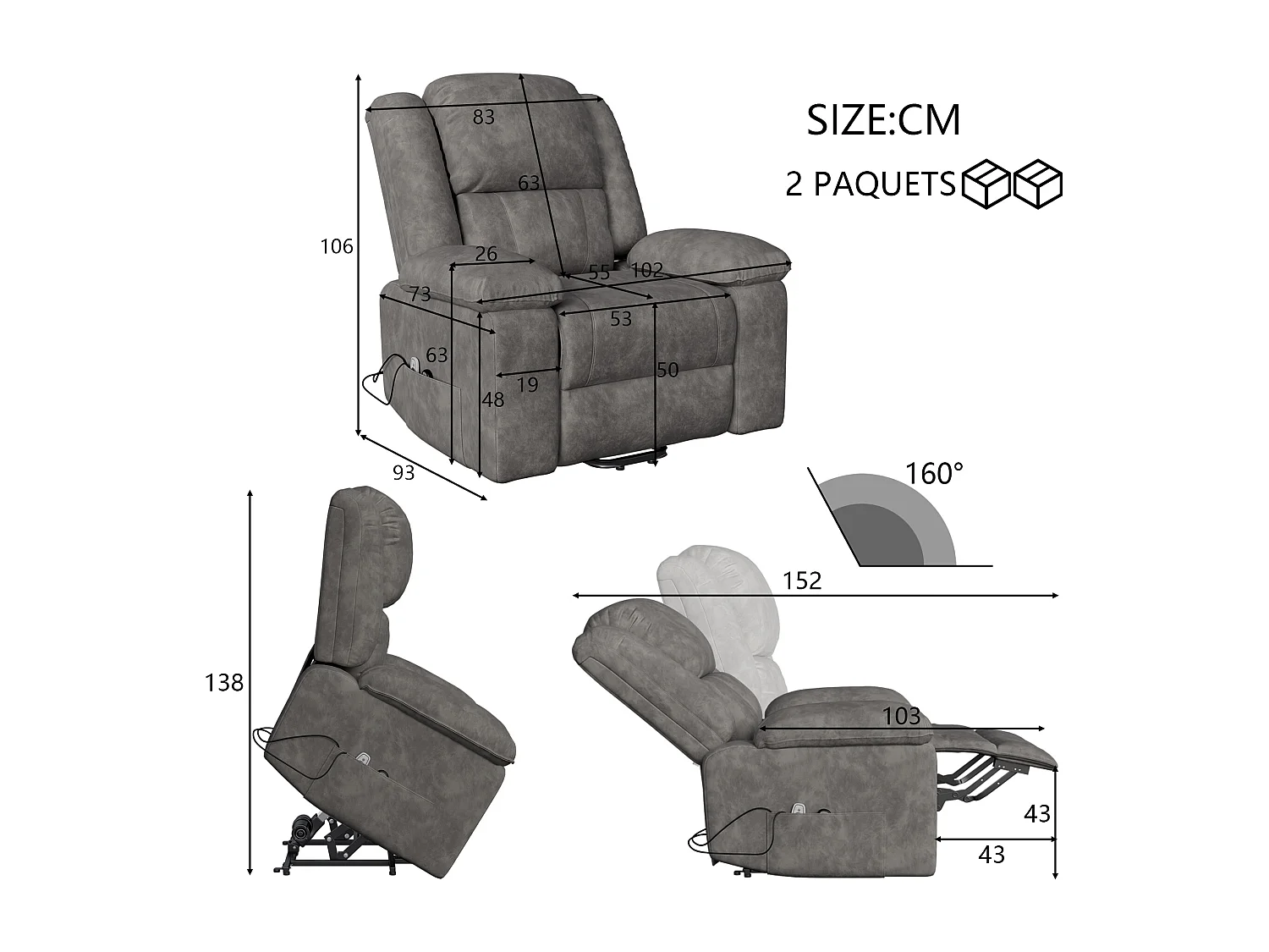 Chaise longue - 93 x 83 x 106 cm - avec fonction de chauffage massage à 8 points - Réglable - Apportepied - gris