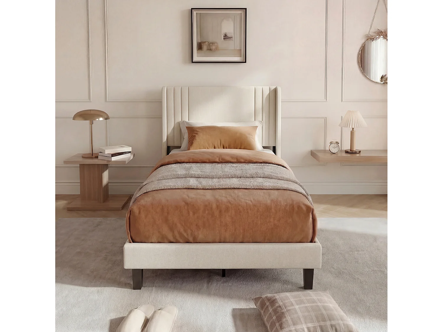 Lit rembourré avec base à lames - 90 x 200 cm - beige - Lin