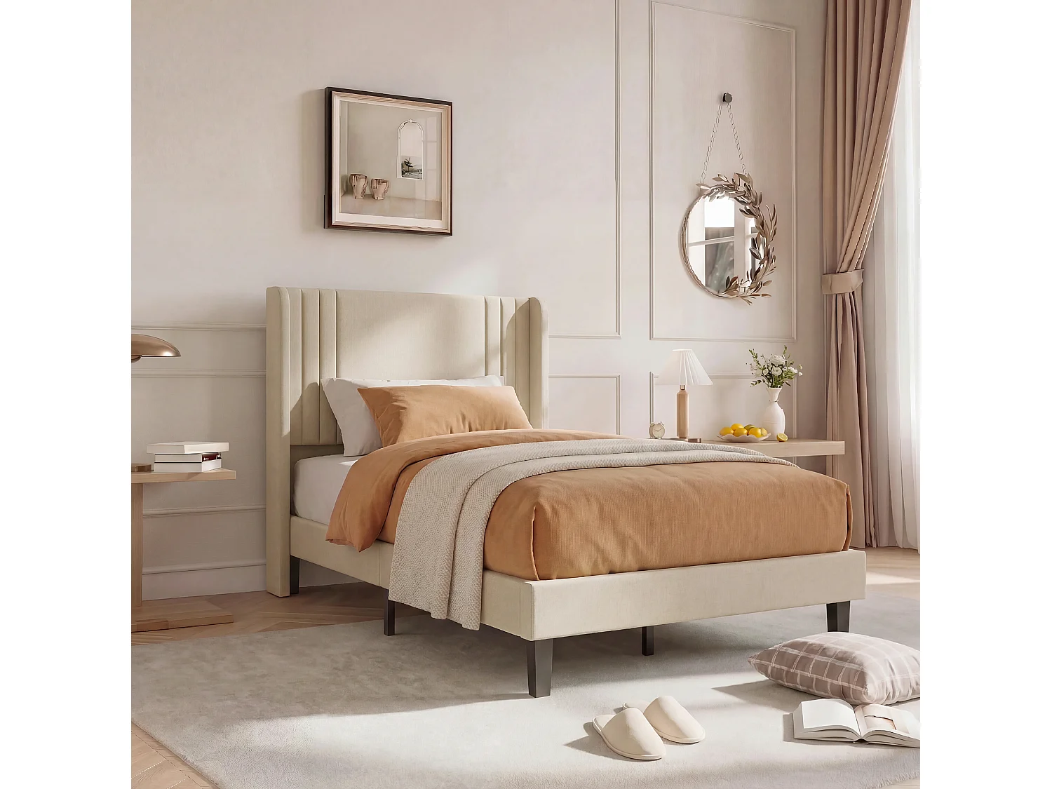 Lit rembourré avec base à lames - 90 x 200 cm - beige - Lin