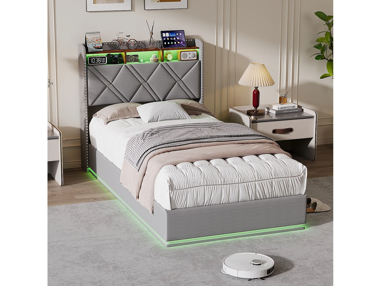 90 x 200 cm , Lit avec tête de lit rangement - avec LED et fonction de charge - Tête de lit rangeable - Tissu gris