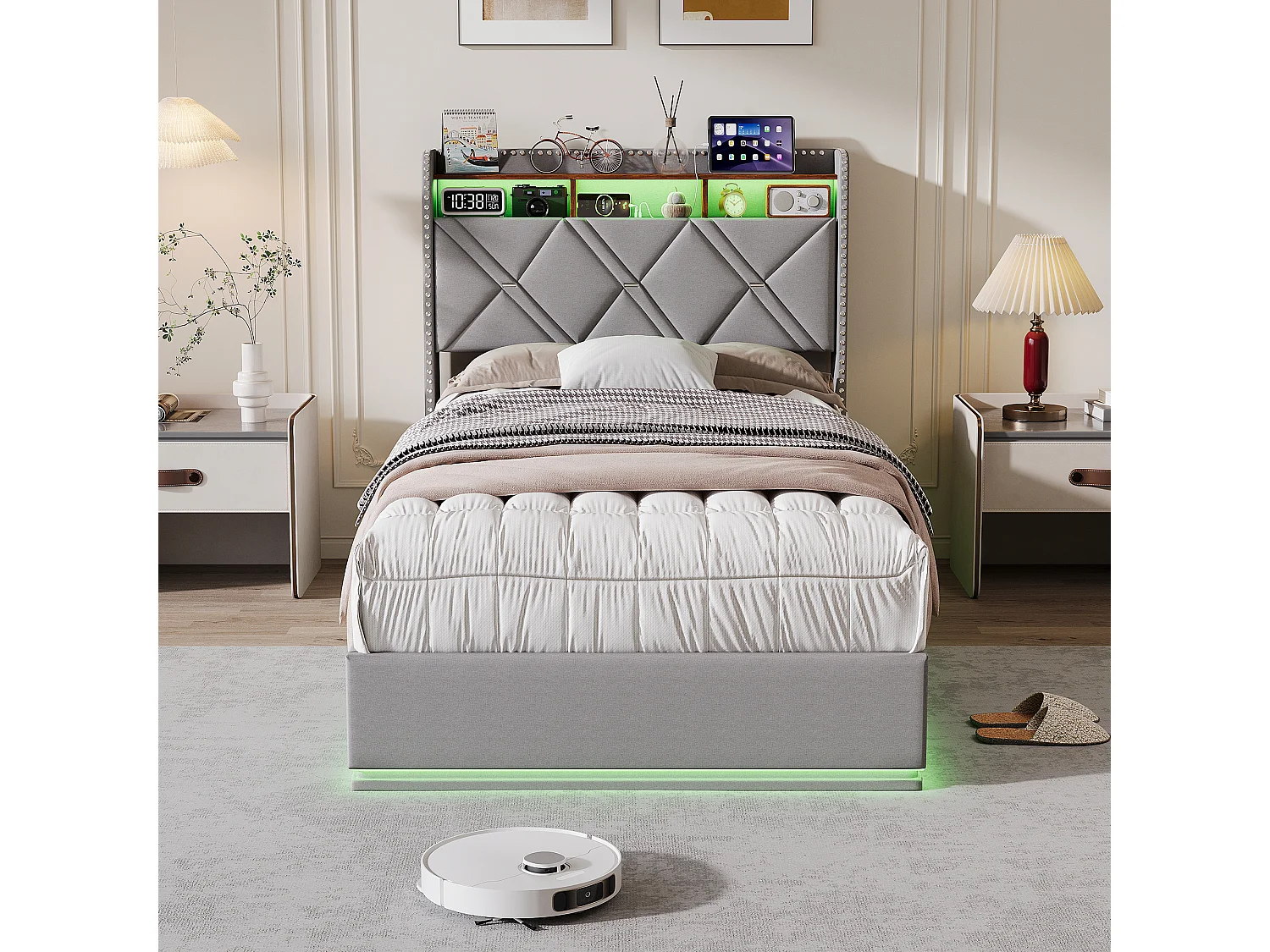 90 x 200 cm , Lit avec tête de lit rangement - avec LED et fonction de charge - Tête de lit rangeable - Tissu gris