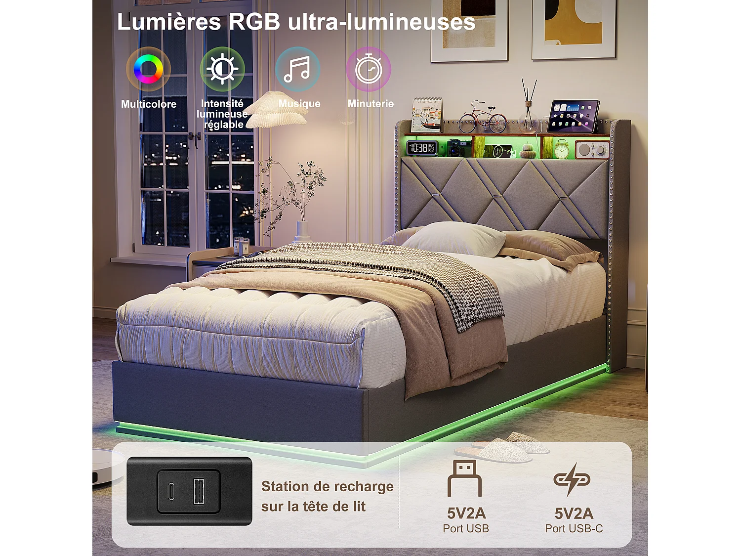 90 x 200 cm , Lit avec tête de lit rangement - avec LED et fonction de charge - Tête de lit rangeable - Tissu gris