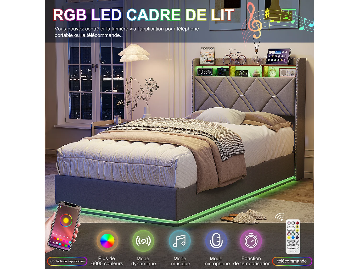 90 x 200 cm , Lit avec tête de lit rangement - avec LED et fonction de charge - Tête de lit rangeable - Tissu gris