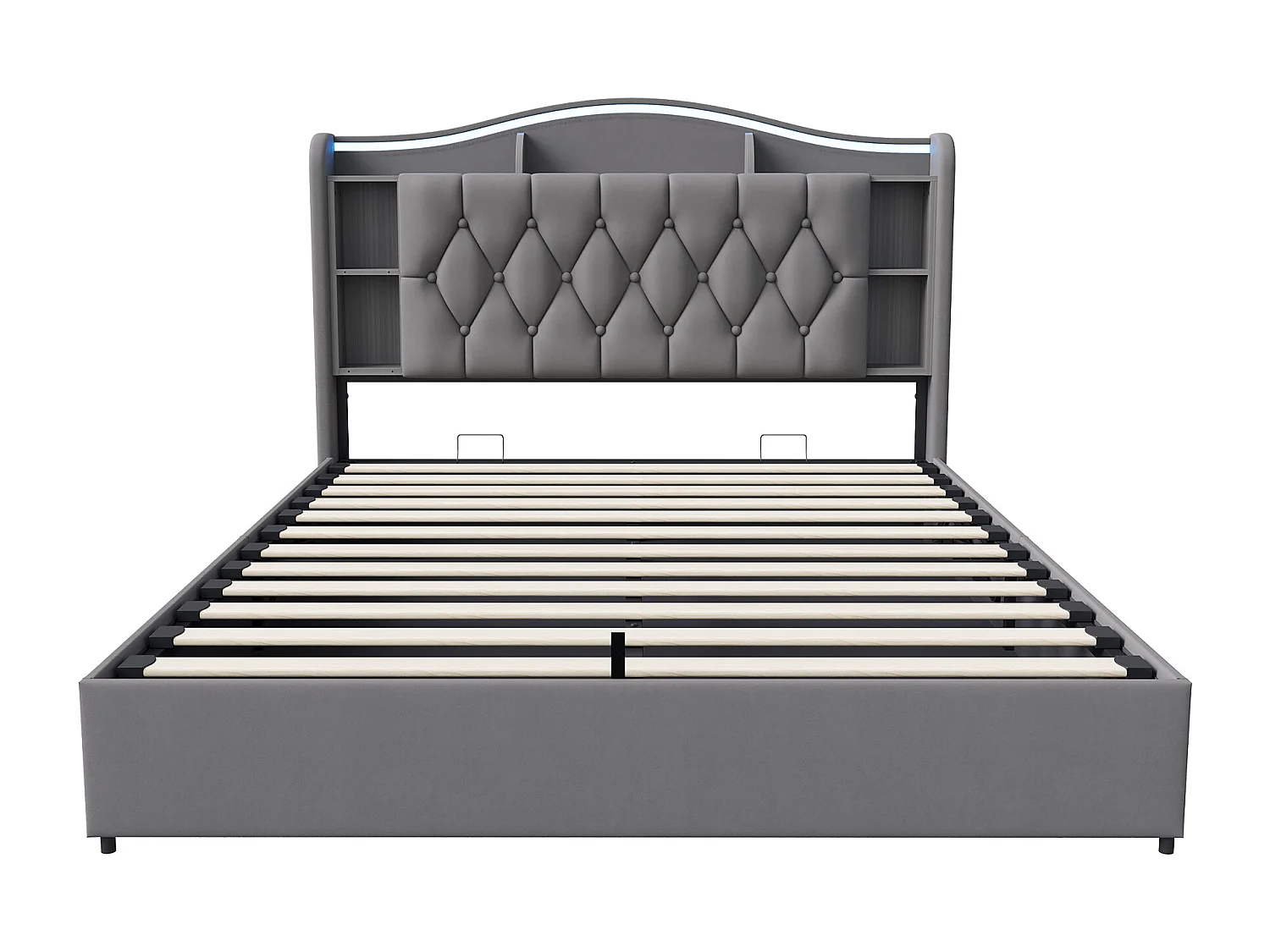 Lit coffre à abattant - 140 x 190 cm Cadre de lit - Cap-tête compartiment de stockage avec charge LED et USB - gris - velours