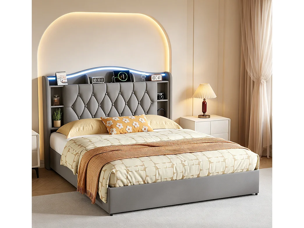 Cama baú design 140x190 cm em veludo cinza com cabeceira LED, carregamento USB e armazenamento integrado