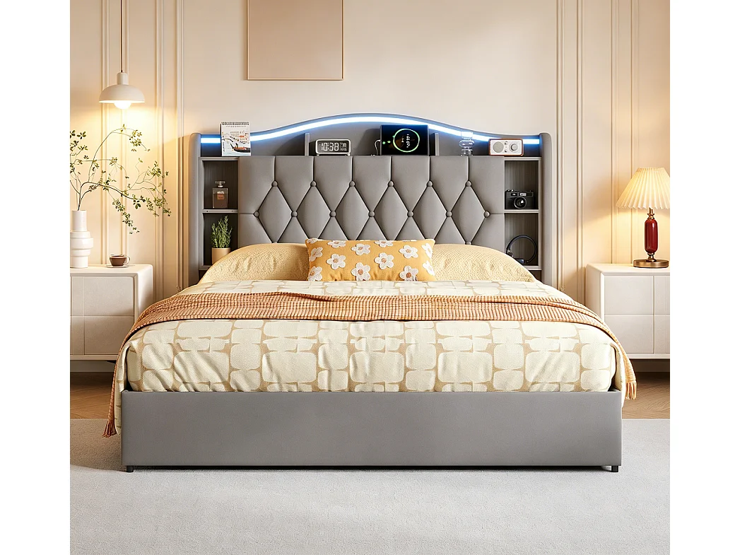 Cama baú design 140x190 cm em veludo cinza com cabeceira LED, carregamento USB e armazenamento integrado